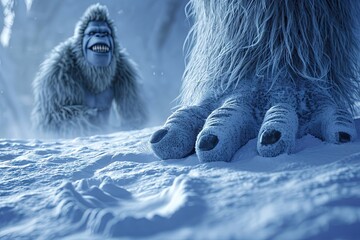 bigfoot big leg on the snow, other bigfooot yeti smiling on the back