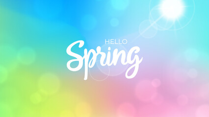 Aufkleber - Hello Spring. Blurred background with hand lettering. Springtime banner with soft colors for seasonal creative graphic design. Vector illustration.