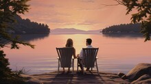 A Secluded Lakeside Retreat, A Romantic  Couple Lounging By The Water's Edge, Gentle Waves And A Serene Sunset Framing Their Intimate Bond - Generative AI