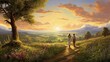 A serene countryside scene, a couple strolling along a tranquil path, the HDR painting accentuating the subtle tones and sharpness of nature - Generative AI