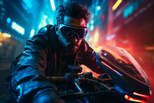 Ai Generated Illustration Image Of Video Game Personage Cyberpunk Driving Motorcycle Speed Motion Neon Illuminated City