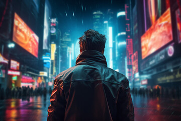 Ai generated picture image of male cyborg personage in a cyberpunk city illuminated neon colors
