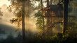 a tree house, a landscape in the rays of the sun among the tops of green trees and the morning calm fog, a fairytale panorama of a secluded hermit's dwelling