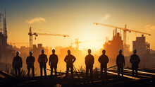 Group Of Builders Silhouette Of Workers On A Construction Site, Standing In A Row Against A Sunset Background, With A Copy Space