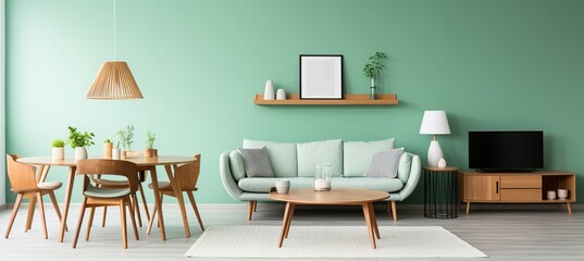 Scandinavian mid century home interior with mint green chairs in modern living room