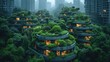 Futuristic Metropolis with Lush Greenery from an Aerial Drone View.