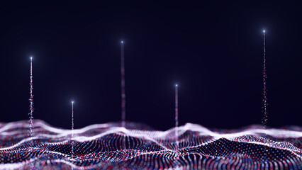 Abstract technology wave of particles. Big data visualization. Background with motion dots. Artificial intelligence.