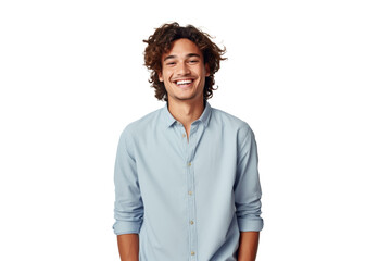 charming young man with curly hair, wearing a light blue shirt, radiates confidence and friendliness