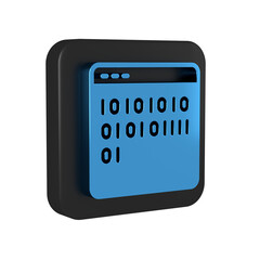 Blue Binary code icon isolated on transparent background. Black square button.