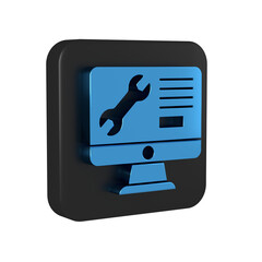 Wall Mural - Blue Computer monitor with wrench icon isolated on transparent background. Adjusting, service, setting, maintenance, repair. Black square button.