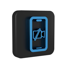 Sticker - Blue Video camera Off on mobile screen icon isolated on transparent background. No video. Black square button.