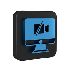 Poster - Blue Video camera Off on computer icon isolated on transparent background. No video. Black square button.