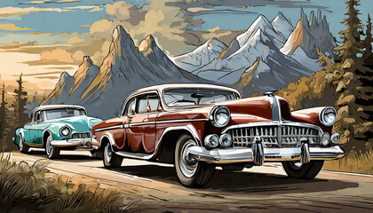 Wall Mural - vintage car on the mountain road, art design