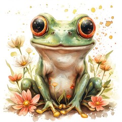 Wall Mural - Watercolor frog illustration. Hand painted image of a cute frog. Frog clipart, wallpaper.