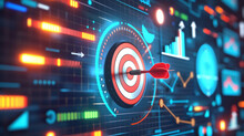 A Sharp, Focused Image Of A Dart Hitting The Bullseye On A Target, Symbolizing Precise Goal Achievement Surrounding The Target Are Various Business Icons Like Graphs, Charts, And Arrows, Repres