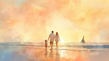 A Mother, Father, And Child From An Asian Family Walking Hand In Hand Along The Beach At Sunset The Sea And A Distant Sailboat Are In The Background, With Soft Orange And Pink Hues Relaxed And