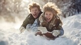 Fototapeta Nowy Jork - Two friends sledding down a hill with excitement , Two friends, sledding down, hill, excitement