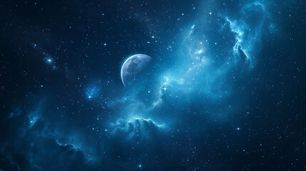 blue night sky with stars and the moon, in the style of infinite space,