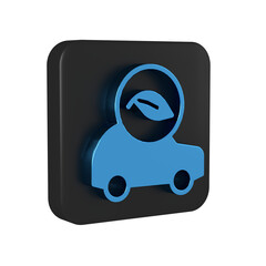 Poster - Blue Eco car concept drive with leaf icon isolated on transparent background. Green energy car symbol. Black square button.