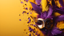 Purple And Yellow Venetian Or Masquerade Mask, Feather, Confetti. Over On The Purple Background. Free Space For Text Advertising.