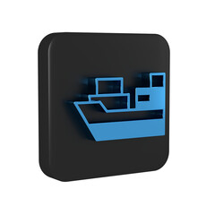 Wall Mural - Blue Cargo ship with boxes delivery service icon isolated on transparent background. Delivery, transportation. Freighter with parcels, boxes, goods. Black square button.