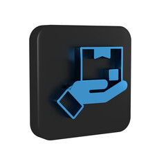 Canvas Print - Blue Delivery hand with cardboard boxes icon isolated on transparent background. Door to door delivery by courier. Black square button.