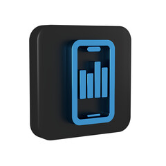 Poster - Blue Mobile phone with graph chart icon isolated on transparent background. Report text file. Accounting sign. Audit, analysis, planning. Black square button.