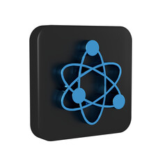 Sticker - Blue Atom icon isolated on transparent background. Symbol of science, education, nuclear physics, scientific research. Black square button.