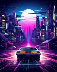 Wall Mural - Cyberpunk cityscape with neon lights and flying cars in retro wave style