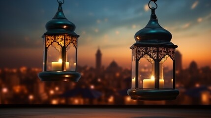 Wall Mural - Islamic Ramadan Kareem, iftar festival or Eid Mubarak banner background with Arabic candle lantern with city Silhouette Panoramic twilight view