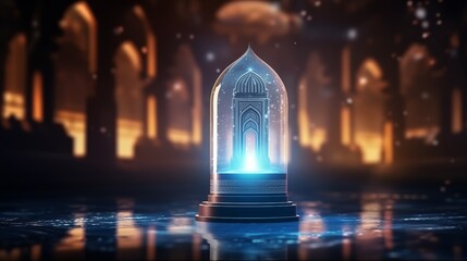 Wall Mural - Islamic Ramadan Kareem, iftar festival or Eid Mubarak banner background with Arabic candle lantern with Mosque Silhouette dome in Panoramic twilight view