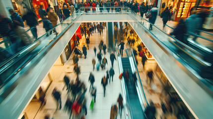 Wall Mural - shopping mall full of people in motion, blurred people, shopping concept