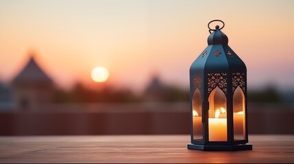 Wall Mural - Islamic Ramadan Kareem, iftar festival or Eid Mubarak banner background with Arabic candle lantern with sunset in Panoramic twilight view