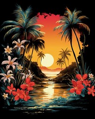 Wall Mural - Tropical paradise: A colorful and vibrant background with palm trees and flowers for t-shirt design