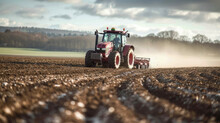 Farmer Driving A Tractor Preparing Land In A Field , Agricultural Vehicle Works