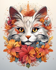 Wall Mural - Catface in a circle with floral and tropical elements, a vibrant and whimsical t-shirt design on a white background