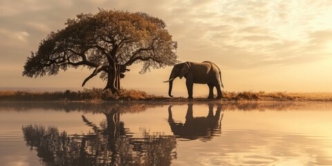 Arid Beauty: Elephant & Old Trees Scenery Wallpaper and Design, Generative AI