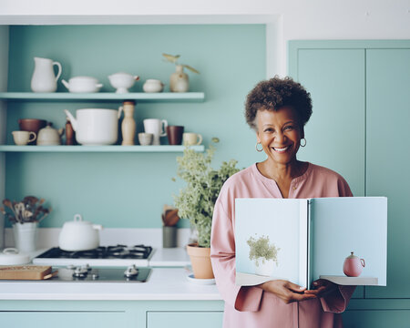Sweet afro american woman standing in a kitchen and holding a cookery book. Minimal happy scene. Copy space. Bright pastel colors.