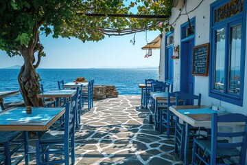 Greek culture with traditional white and blue greek architecture, taverna by the sea