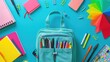 Backpack with different colorful stationery on table.