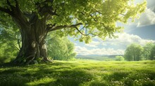 Big Tree With Fresh Green Leaves And Green Spring Meadow