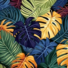 Wall Mural - Seamless pattern of exotic leaves in hand drawn style. Vector illustration of tropical plants and textures for backgrounds, textiles and apparel design.