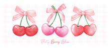 Group Of Red And Hot Pink Coquette Cherries With Ribbon Bow, Aesthetic Watercolor Hand Drawing Banner.