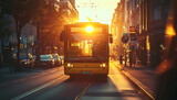 Fototapeta Londyn - an old yellow / orange bus is driving on a city streets. - At sunset / runrise