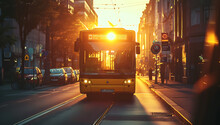 An Old Yellow / Orange Bus Is Driving On A City Streets. - At Sunset / Runrise