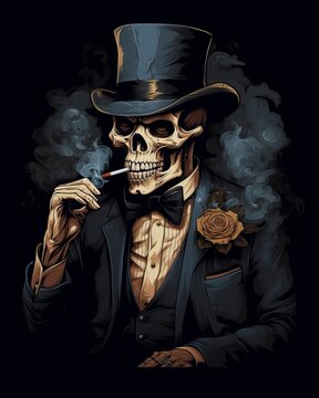 Skull wearing hat and smoking cigar in vintage style t-shirt design