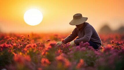 Poster - gardener working on field of flowers at sunset