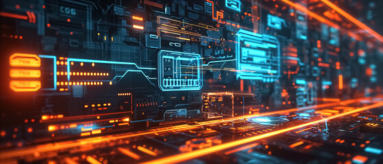 Circuit board Binary Code Tunnel in Technology Space with Fractal Computer Concept, Data Science, and Digital Texture Light Cyberspace Design Background, technology background, Ultra wide 21:9