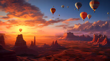 A Group Of Hot Air Balloons Flying Over A Desert Landscape At Sunset Or Sunrise With A Few People On A Bike