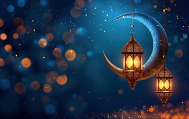 crescent blue moons with lamp realistic eid mubarak, muslim islamic lanterns hanging. bokeh and blureed ramadan background with copy space